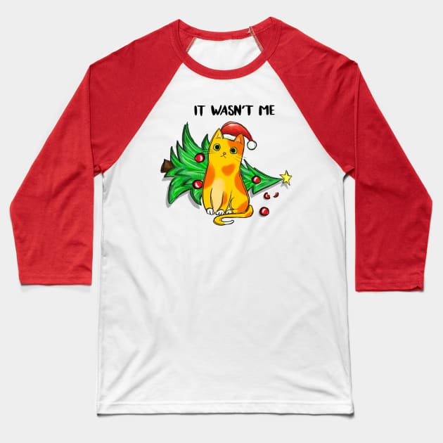 It Wasn't Me - Naughty Kitten Knocking Down The Christmas Tree Baseball T-Shirt by Pop Cult Store